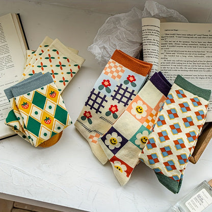 5 Pairs Breathable Plaid Crew Socks 5 pairs of fashion plaid various patterns crew socks, breathable and comfortable casual for both men and women men and women, suitable for men's outdoor wear, four seasons wear