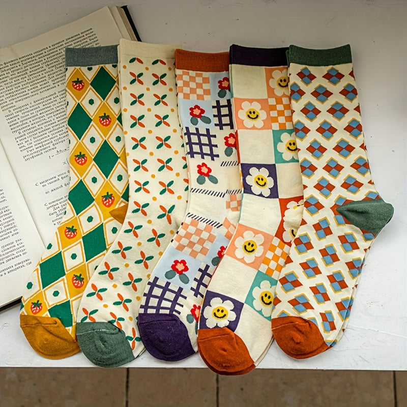 5 Pairs Breathable Plaid Crew Socks 5 pairs of fashion plaid various patterns crew socks, breathable and comfortable casual for both men and women men and women, suitable for men's outdoor wear, four seasons wear