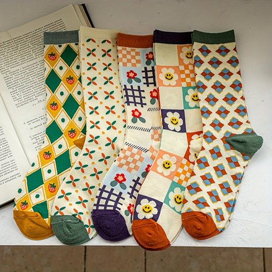 5 Pairs Breathable Plaid Crew Socks 5 pairs of fashion plaid various patterns crew socks, breathable and comfortable casual for both men and women men and women, suitable for men's outdoor wear, four seasons wear