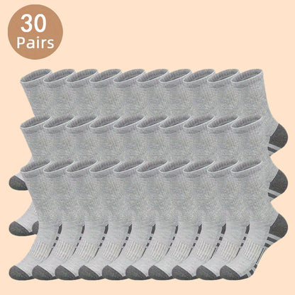 30-Pack Men's Long Socks, Autumn Sports Crew Socks, Knitted Polyester Fabric, Hand Wash or Dry Clean, Solid Color, Fashionable Men's Footwear Accessories