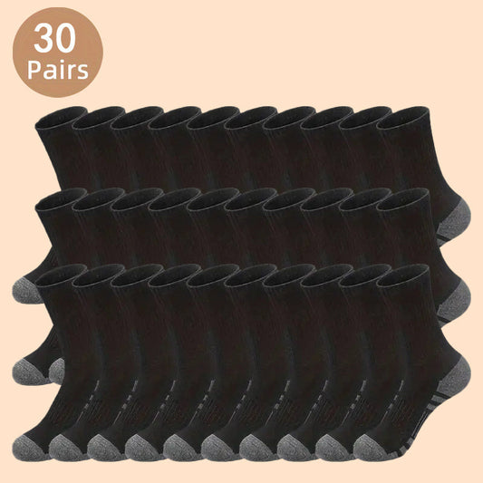 30-Pack Men's Long Socks, Autumn Sports Crew Socks, Knitted Polyester Fabric, Hand Wash or Dry Clean, Solid Color, Fashionable Men's Footwear Accessories