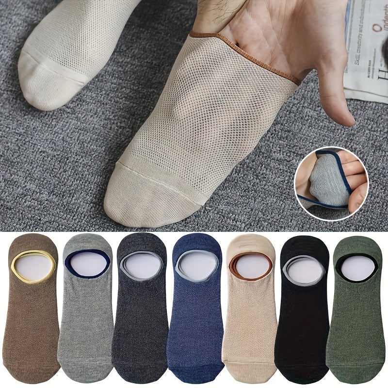 7 Pairs of Men's Thin Mesh Breathable Boat Socks - Sweat Absorbent, Non-Slip, Shallow Mouth Design for All-Day Comfort - Solid Color (Grey, Navy Blue, Beige, Black, Olive Green, Dark Brown)