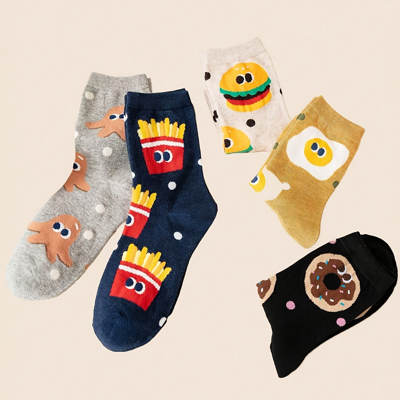 5-Pack Burger & Fries Cartoon Crew Socks - Playful Fast Food Print with Polka Dots & Green Dots - Unisex Comfort for Casual Attire, Travel, Sports - Fun College Style Essentials, Travel Accessories | Whimsical Sock Design, Funny Socks
