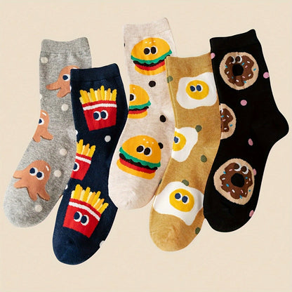 5-Pack Burger & Fries Cartoon Crew Socks - Playful Fast Food Print with Polka Dots & Green Dots - Unisex Comfort for Casual Attire, Travel, Sports - Fun College Style Essentials, Travel Accessories | Whimsical Sock Design, Funny Socks